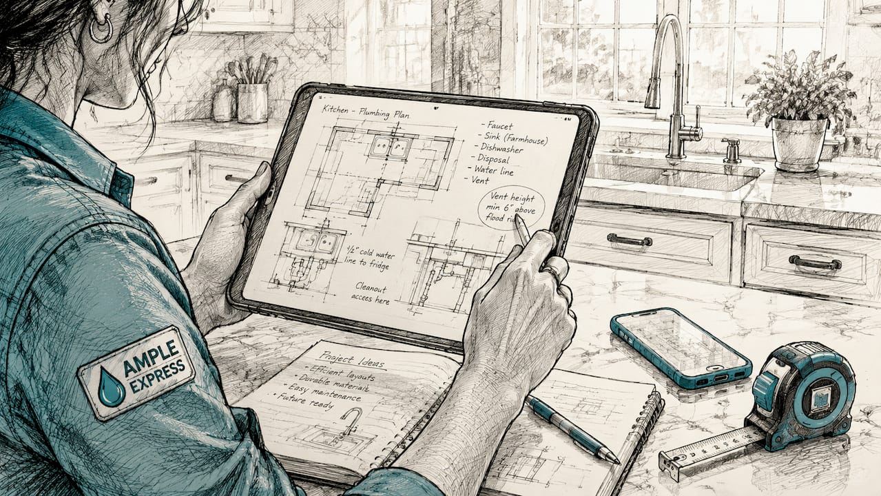 Hands scrolling digital plumbing blueprint tablet
