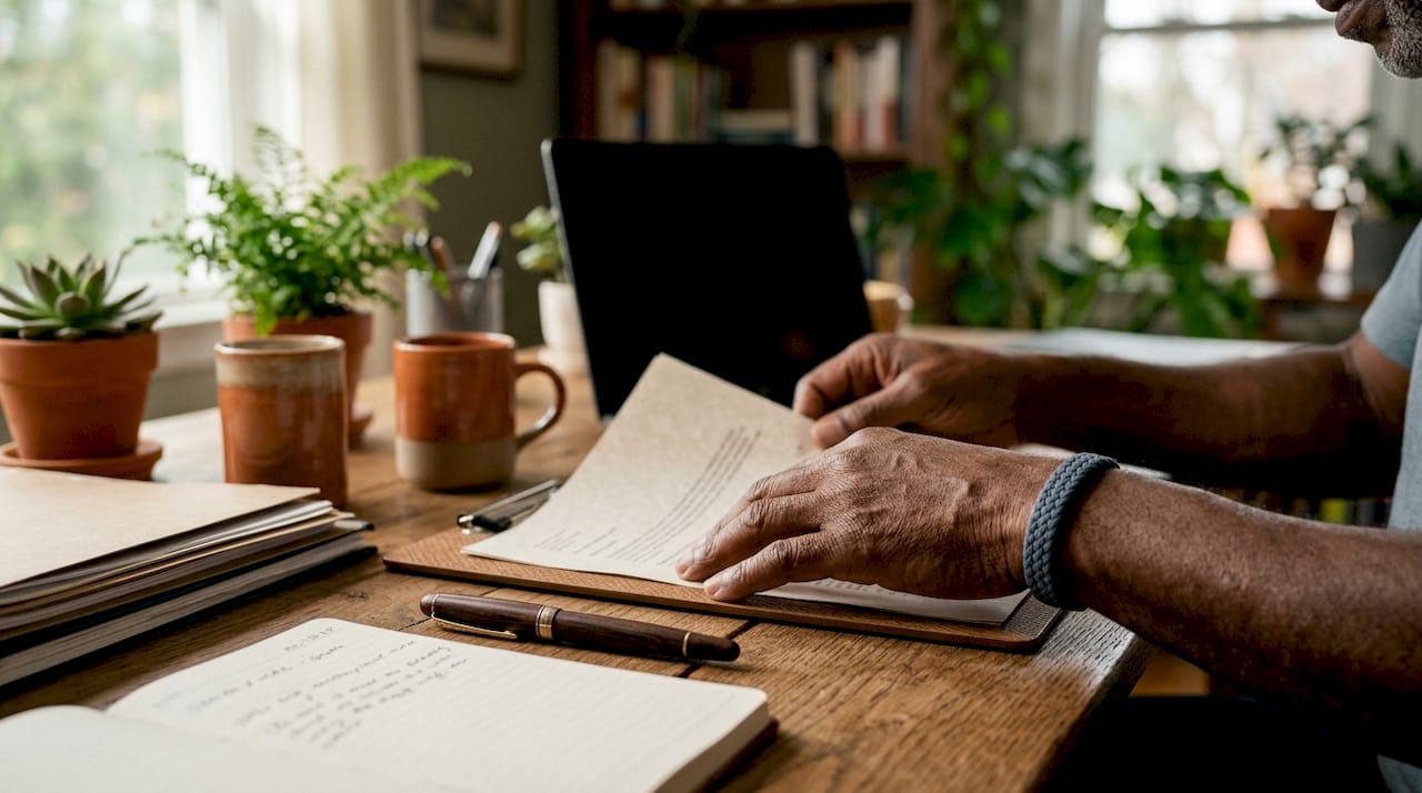 Hands arranging letter with contact block on desk
