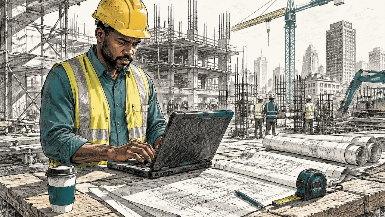 Project manager entering data on laptop at construction trailer