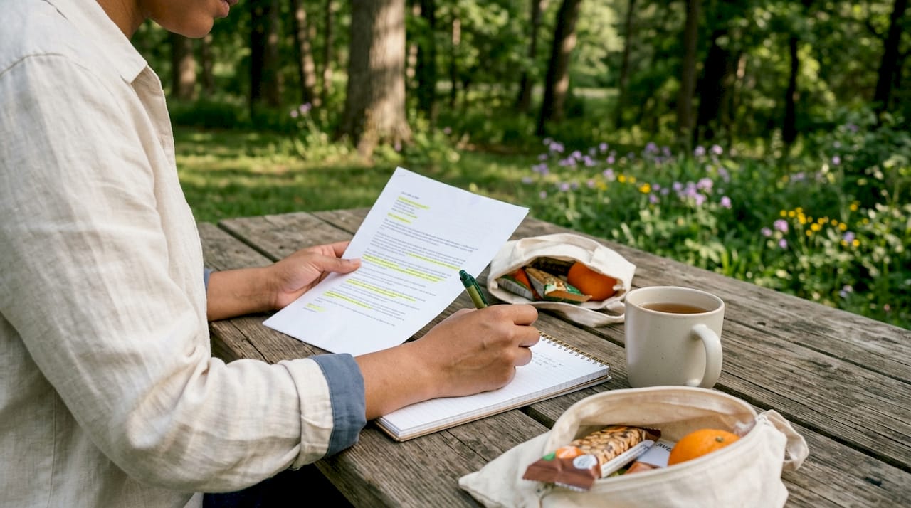 Woman annotating HOA violation letter in café