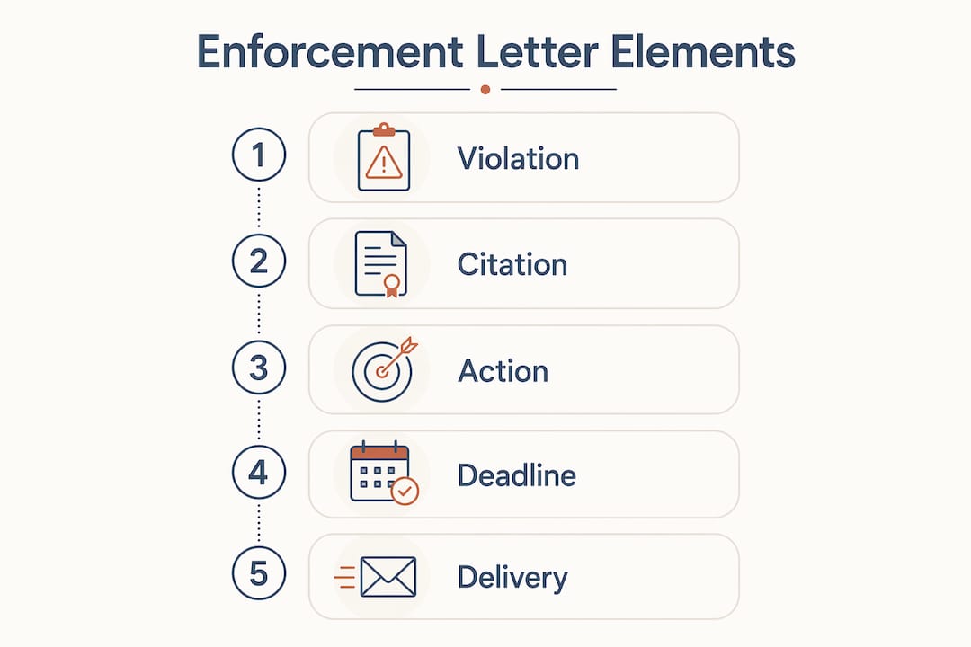 Infographic illustrating five key HOA enforcement letter elements