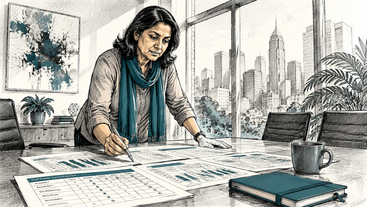 Manager analyzing multi-vendor software comparison
