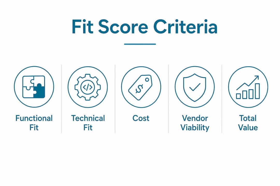 Infographic displaying software fit score criteria hierarchy