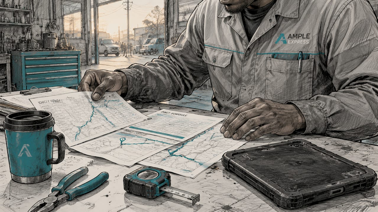 Technician organizing schedules and maps