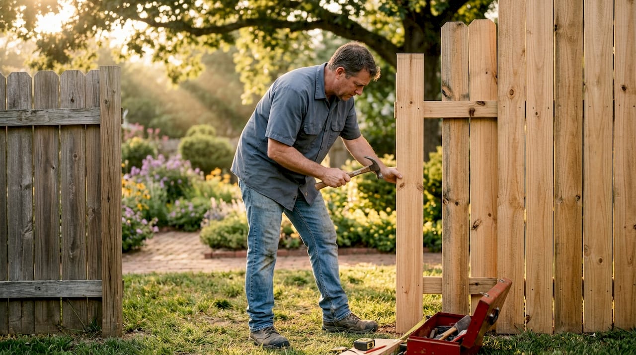Handyman fixing wooden fence outdoors