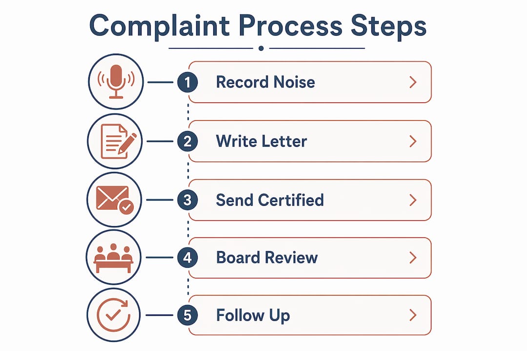 Infographic showing HOA noise complaint process steps