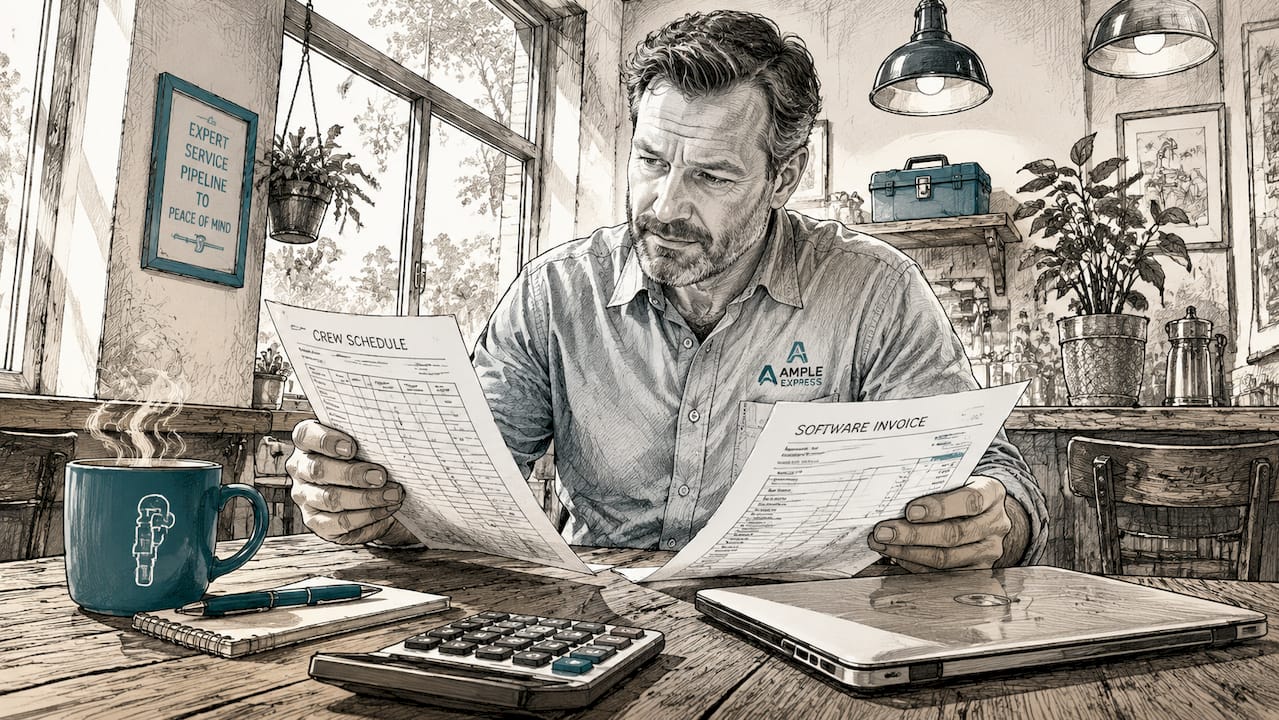 Plumbing business owner reviewing software costs