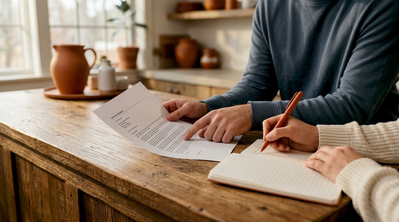 Hands reviewing and discussing letter formatting in coworking space