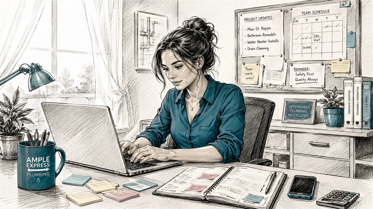 Office manager working with plumbing software tools
