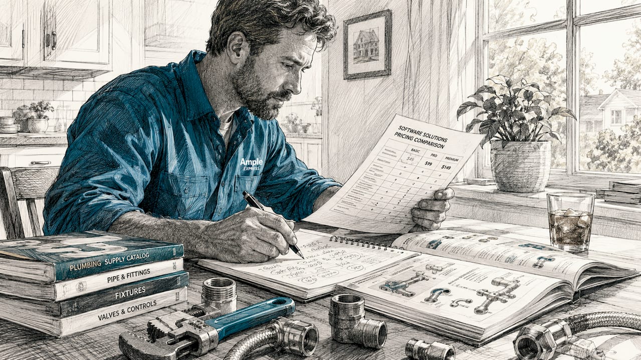 Plumbing contractor reviewing software pricing details
