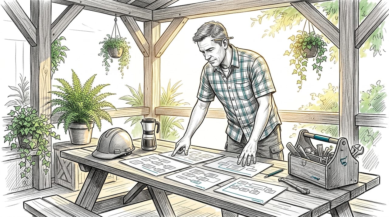 Contractor reviewing workflow diagrams at desk