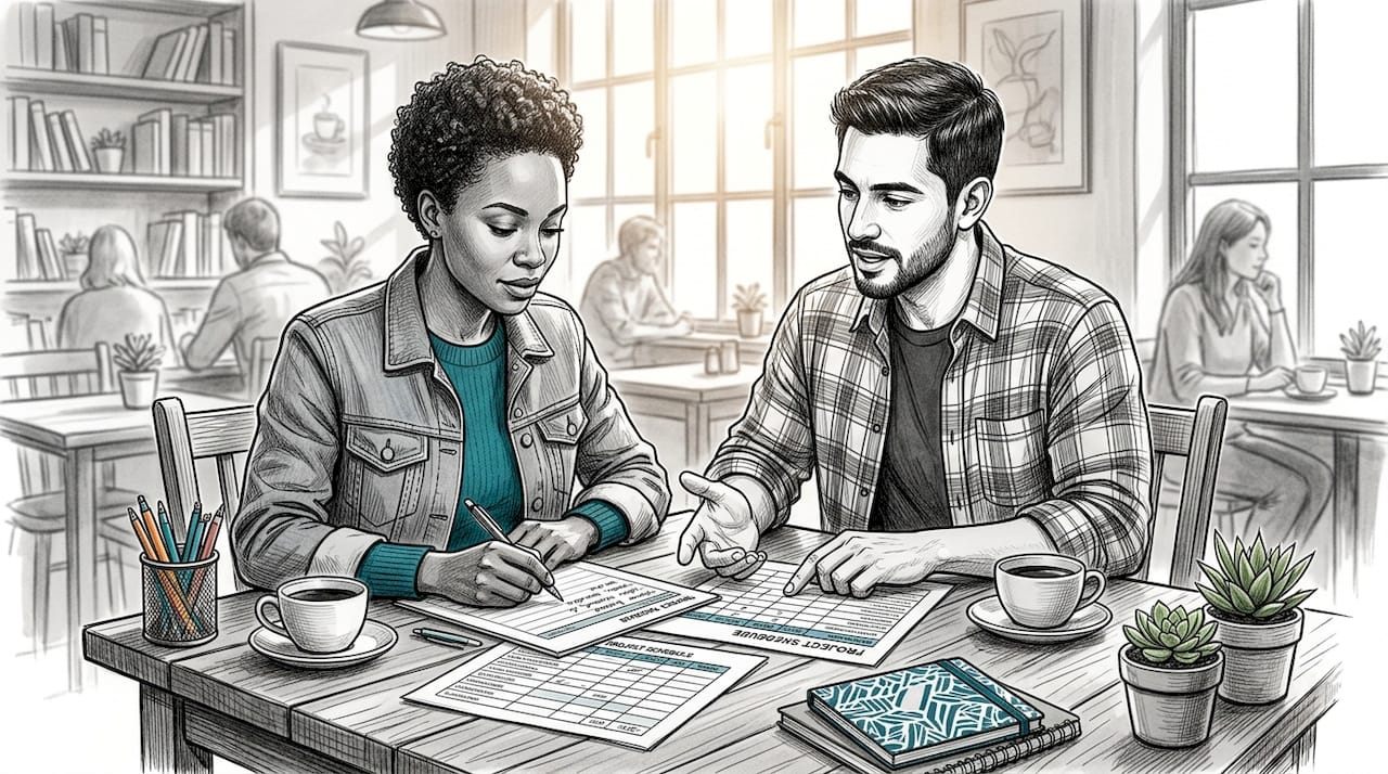 Two contractors discussing schedules at table