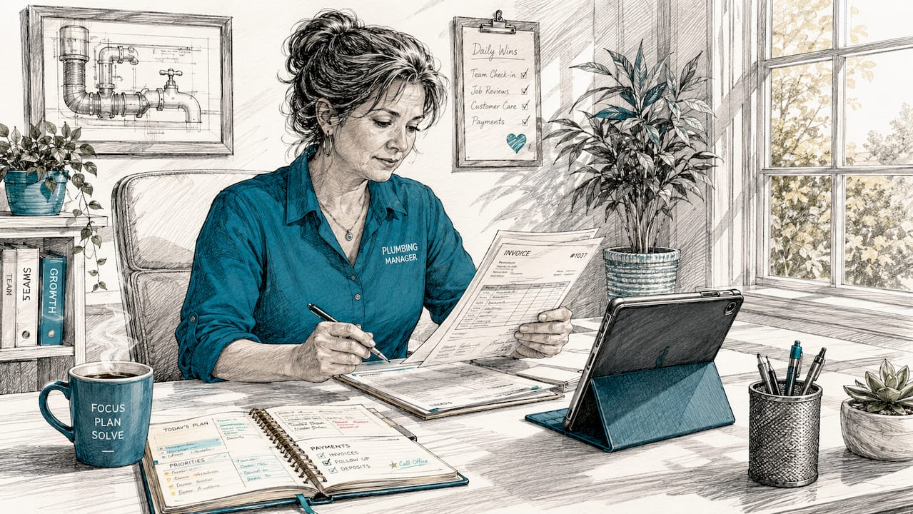 Overhead view of plumbing office payment processing desk