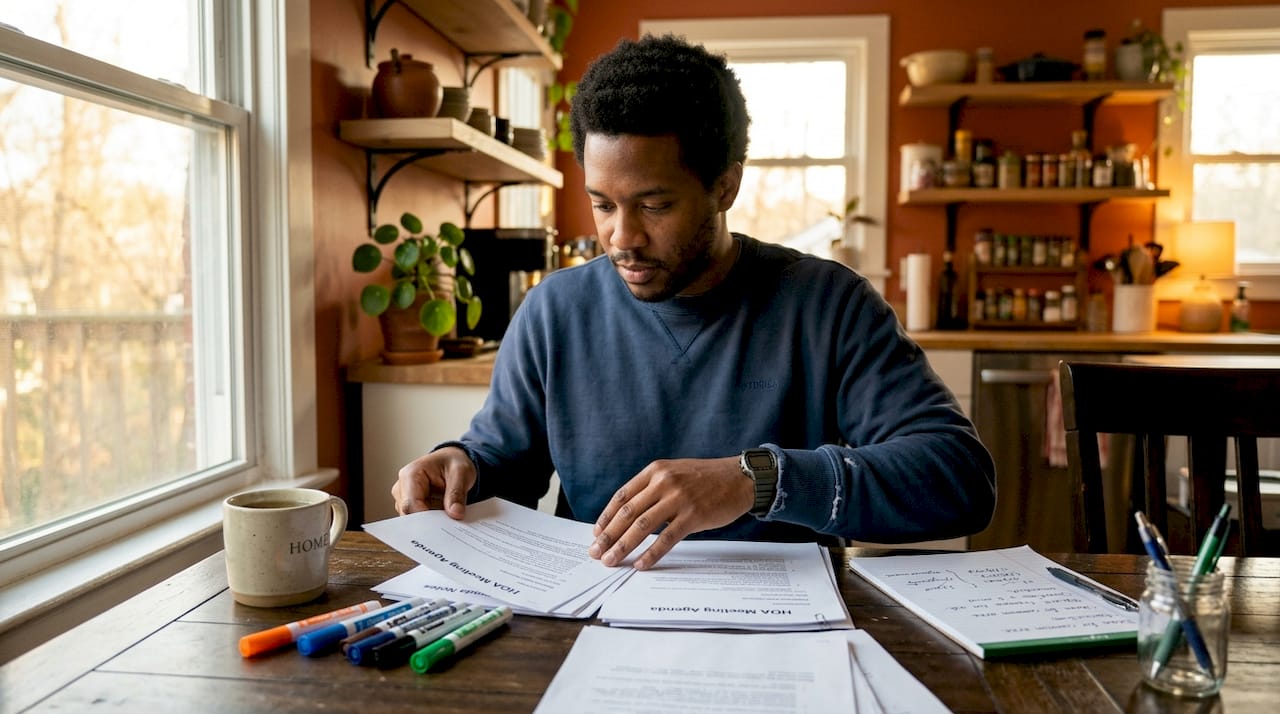 Man organizing HOA meeting agenda papers