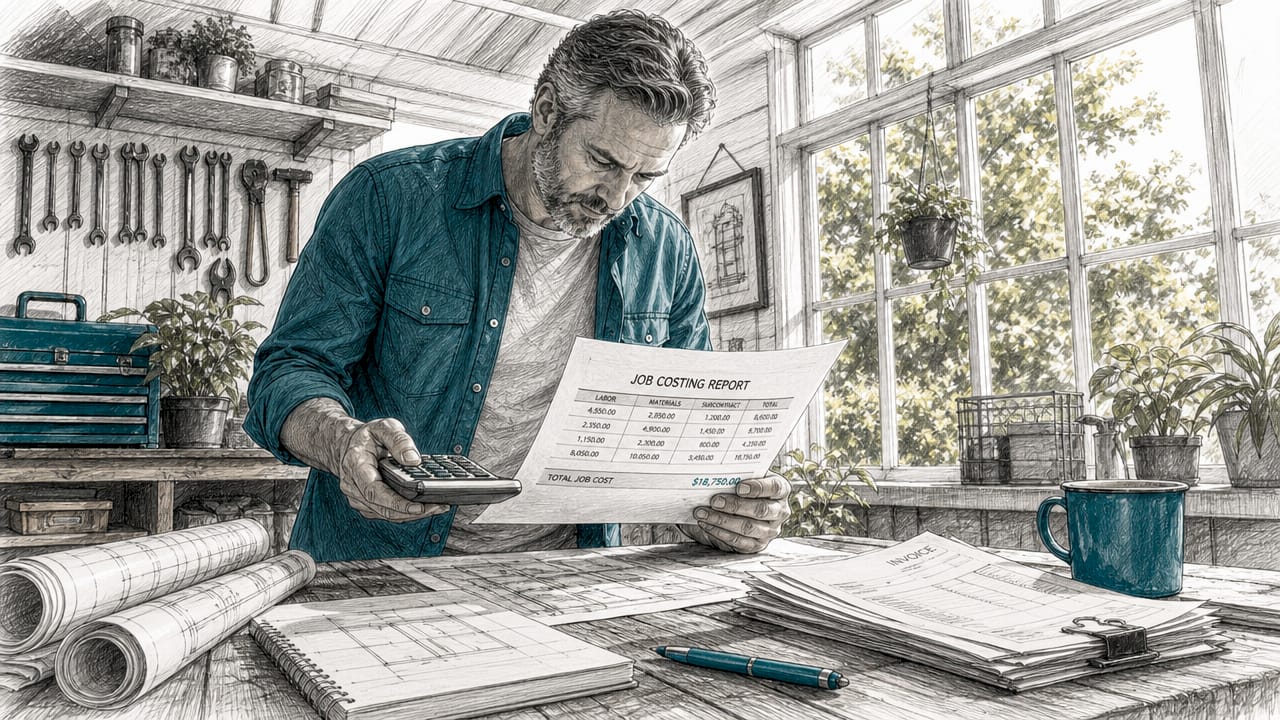 Contractor reviewing software job costing report