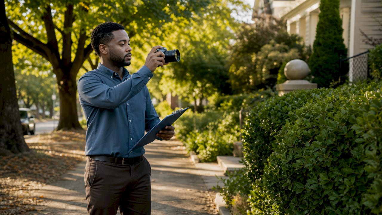 Man photographing HOA violation outdoors