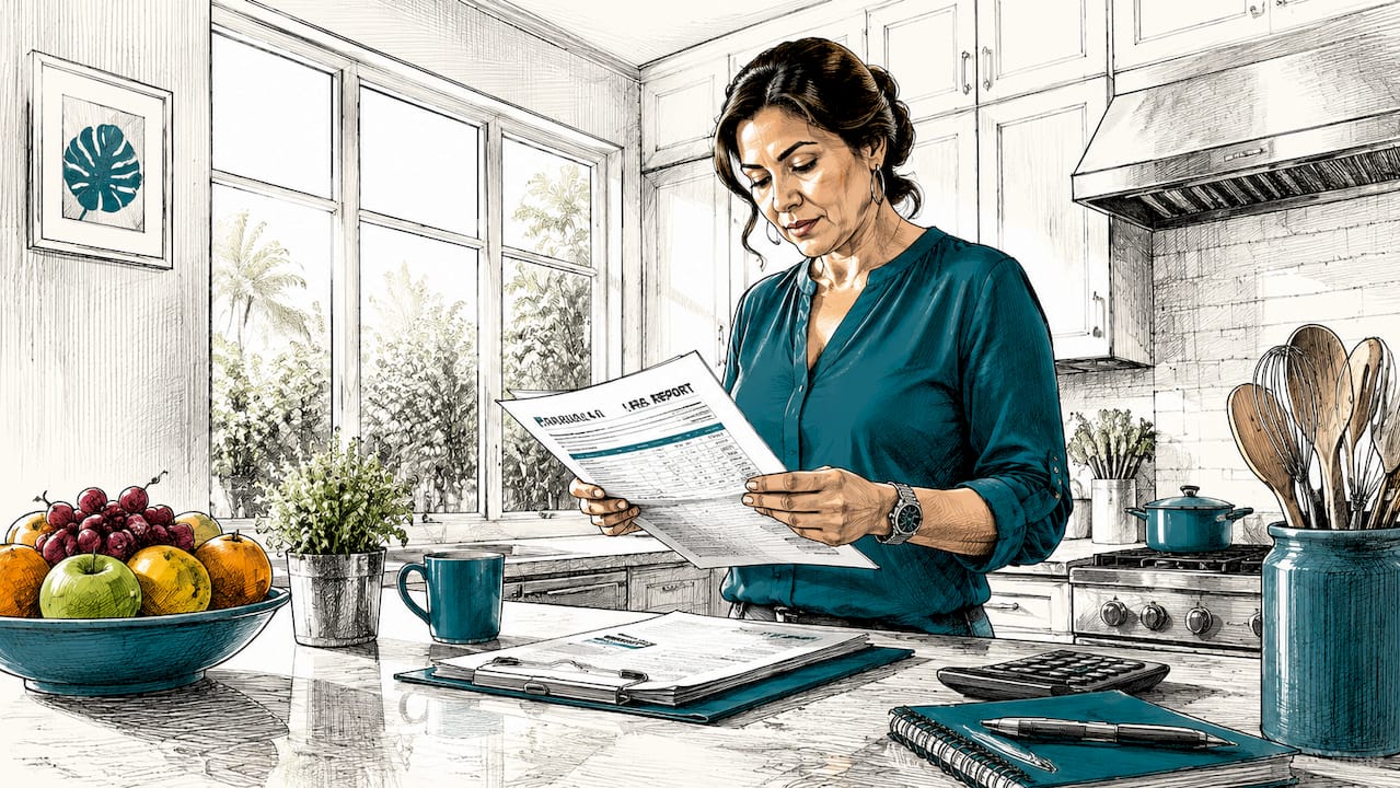 Woman reviewing plumbing payroll reports at desk