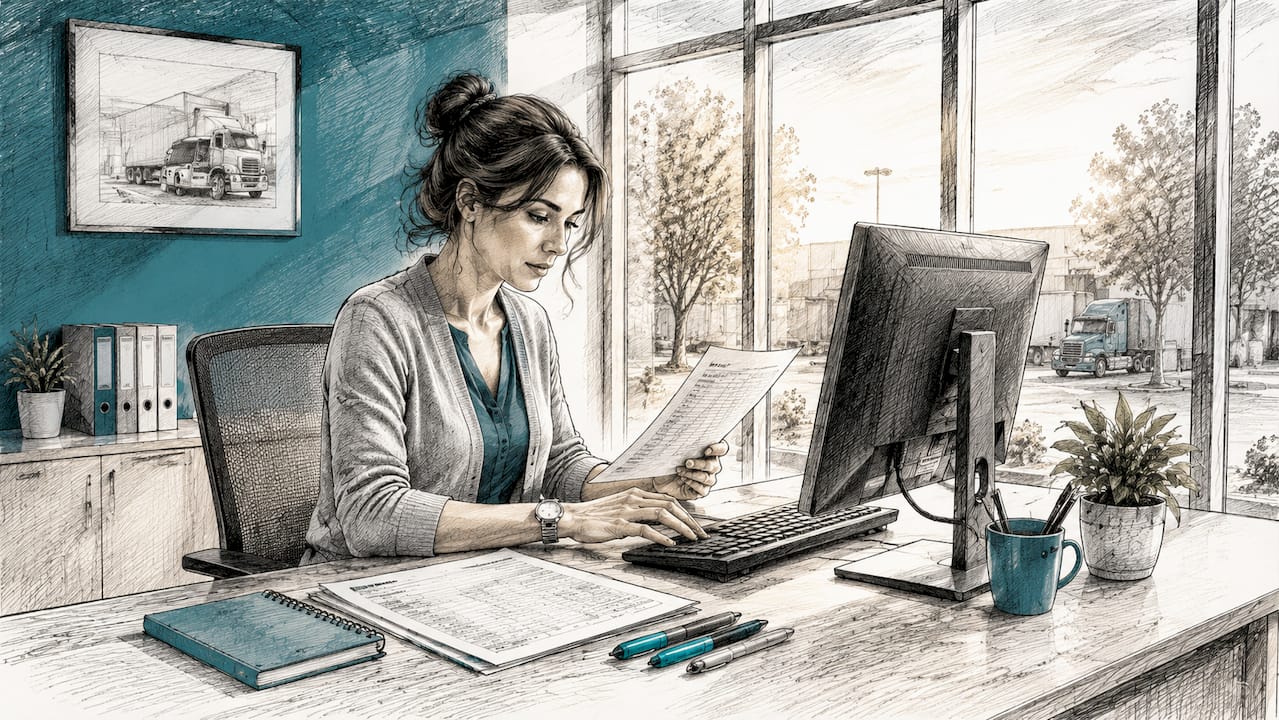 Hands typing job data from printouts at dispatch desk