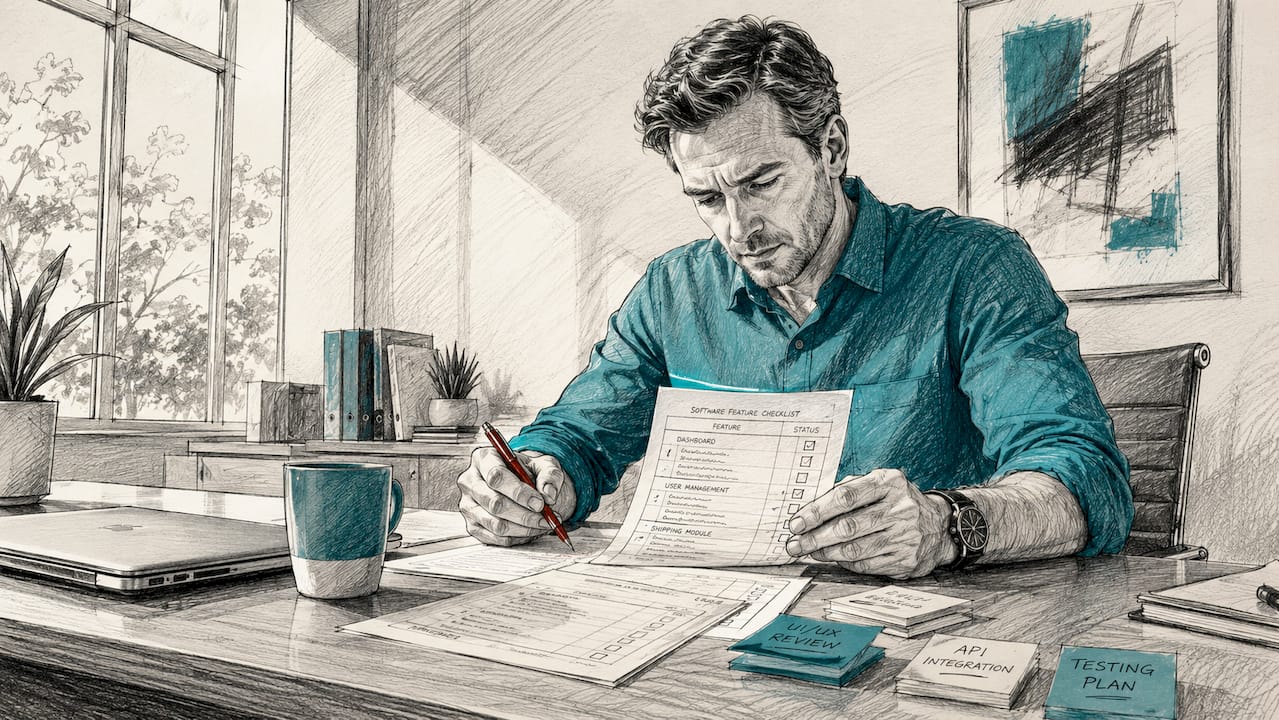 Contractor reviewing software checklists at desk