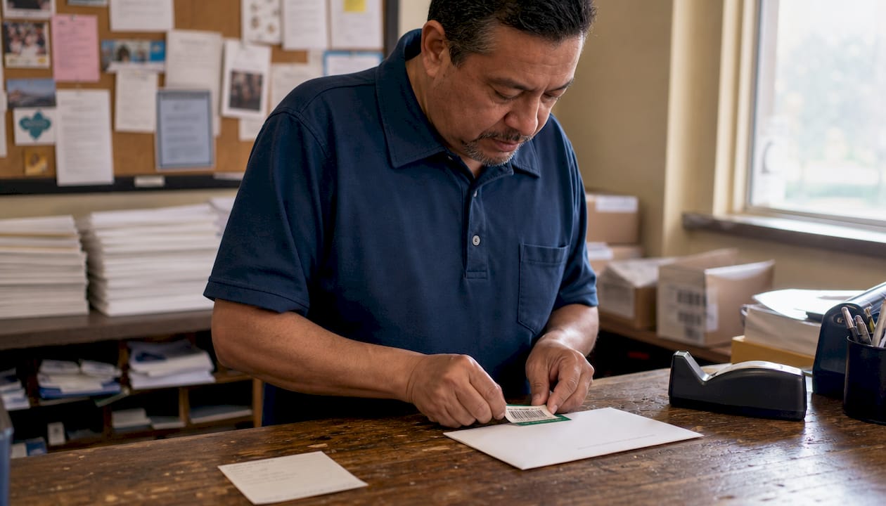 Hands applying USPS certified mail receipt