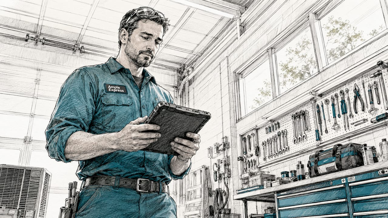 HVAC technician using tablet for customer notifications