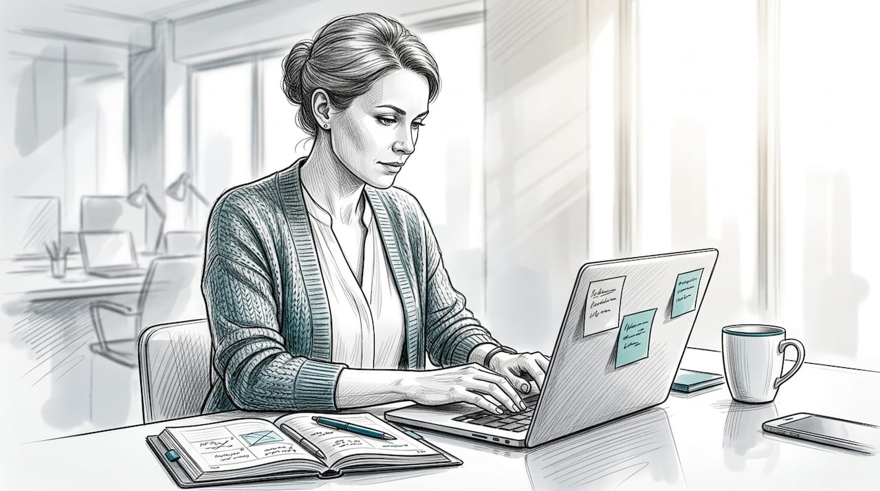 Service manager coordinating HVAC notifications on laptop