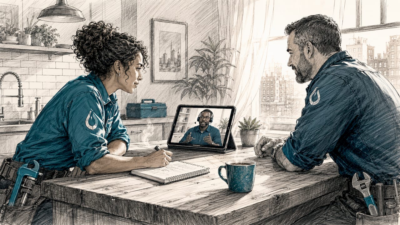 Two plumbers in video onboarding call using software