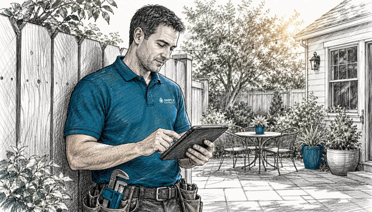 Plumber testing plumbing software on tablet at workbench