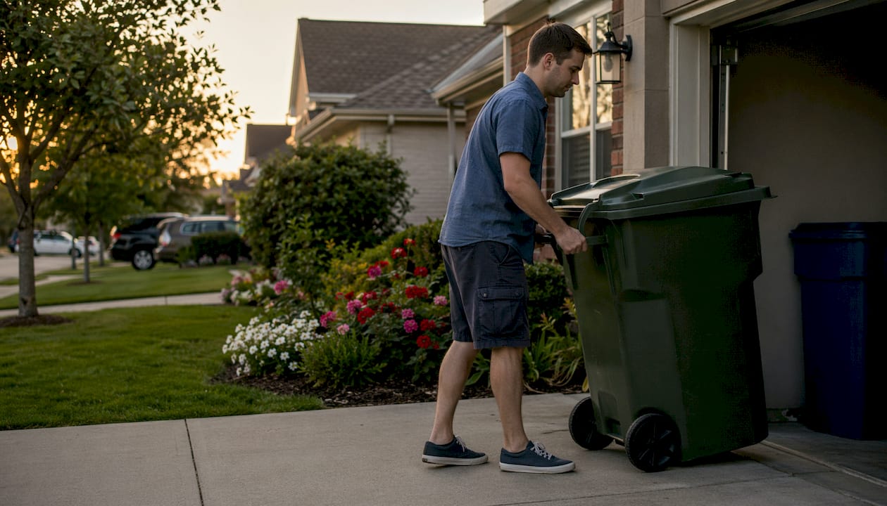 Man moving trash bin in suburban neighborhood
