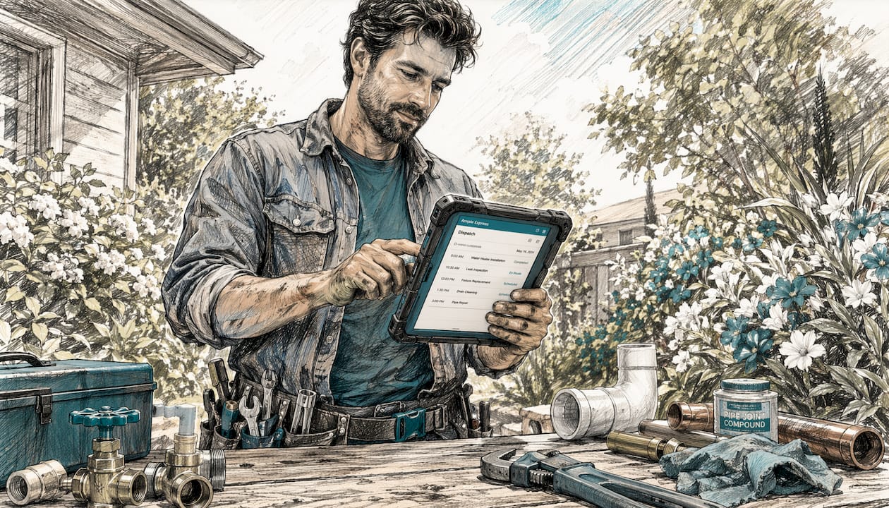Plumbing contractor using dispatch software on tablet