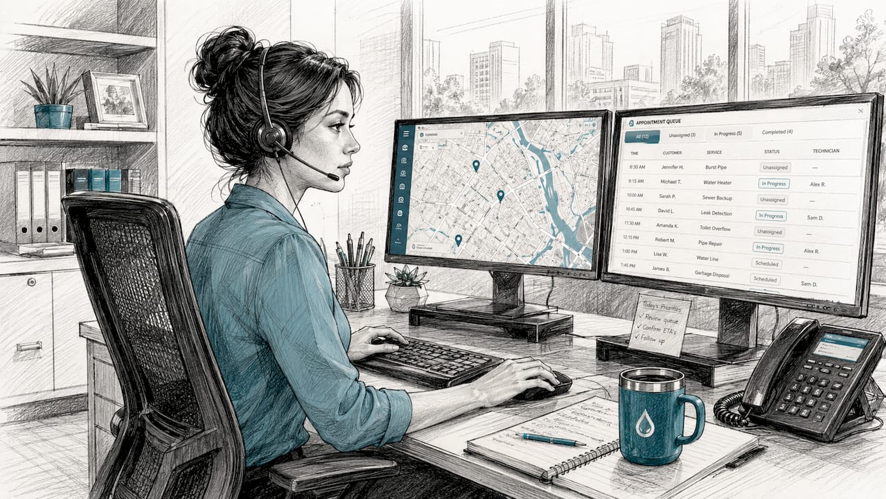 Dispatcher monitoring GPS for plumbing emergencies