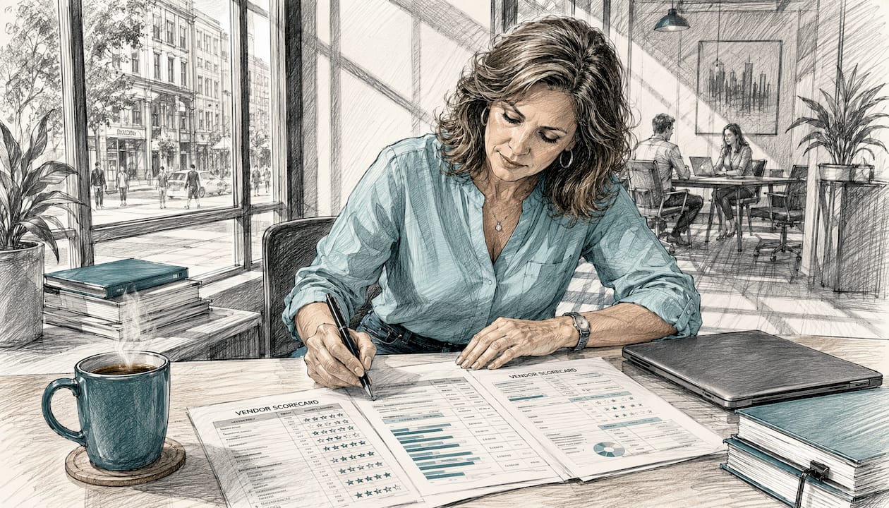 Field service manager reviewing software vendor scorecards