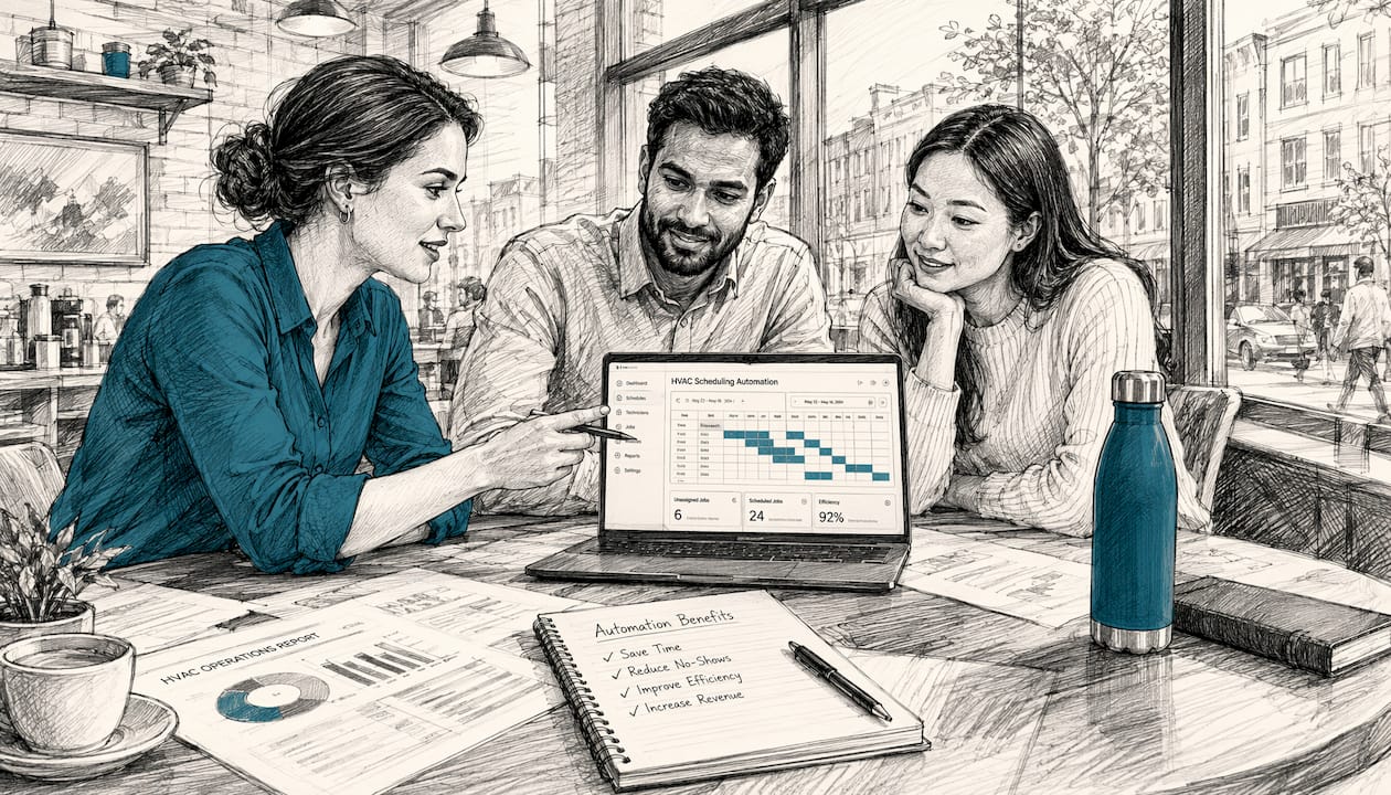 Office team discussing HVAC software