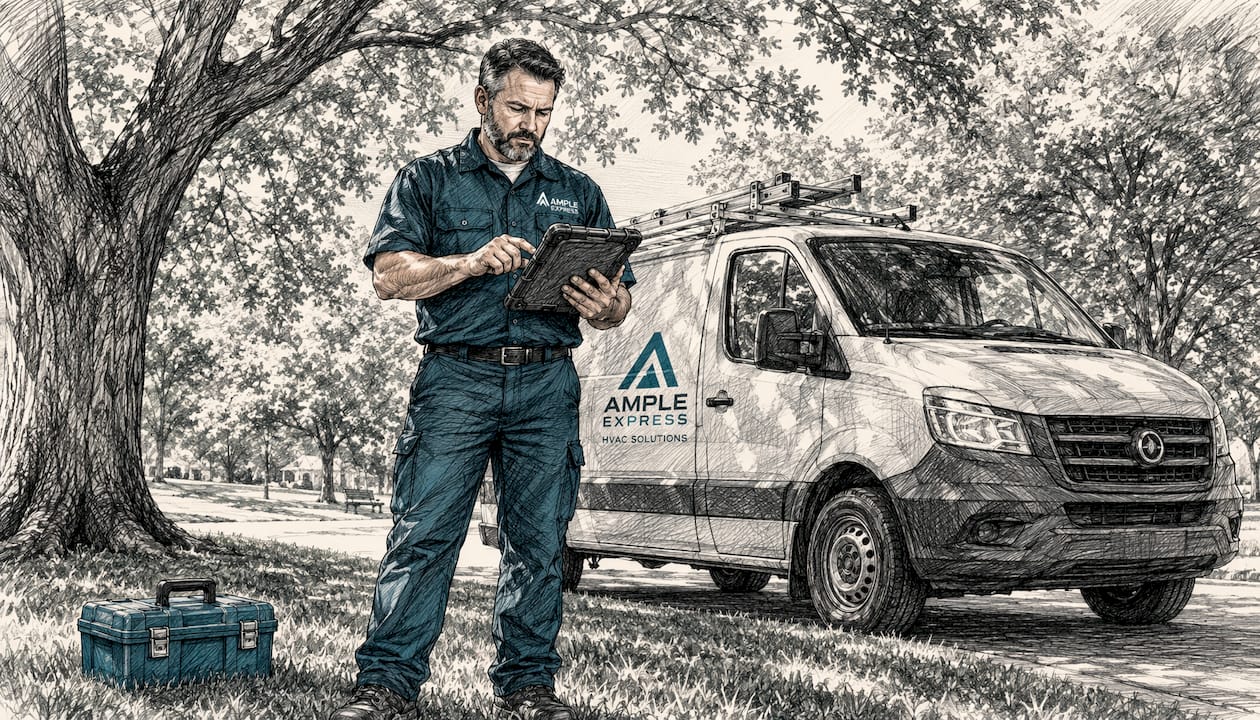 HVAC technician using tablet for scheduling
