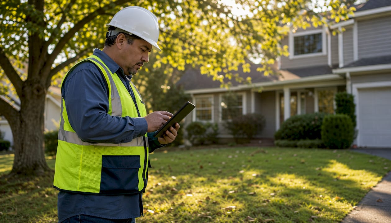 Municipal inspector recording property compliance details outdoors