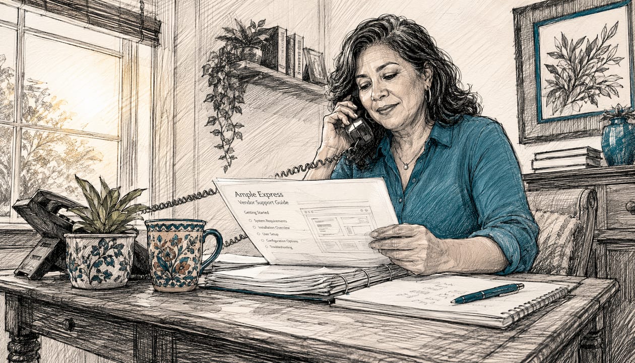 Businesswoman contacting local software vendor in office