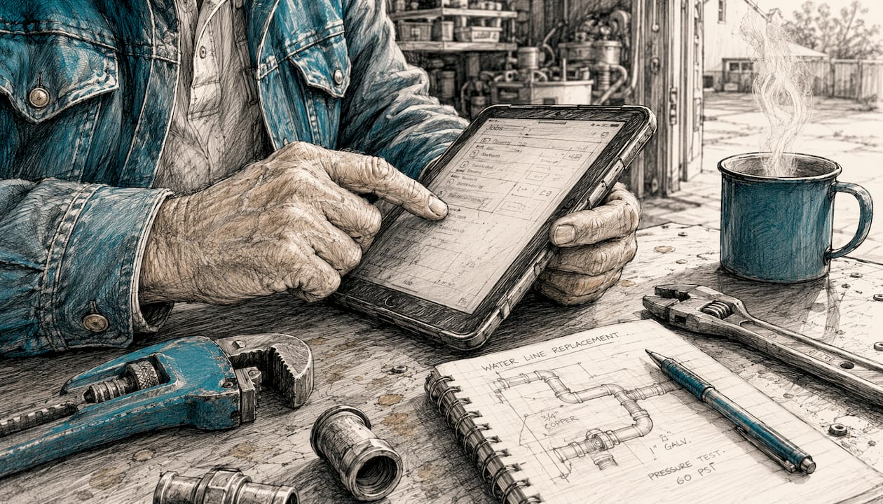 Hands holding smartphone with HVAC tools nearby