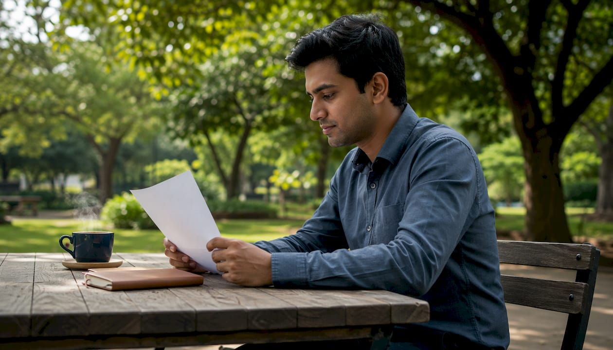 New hire reading onboarding letter in café