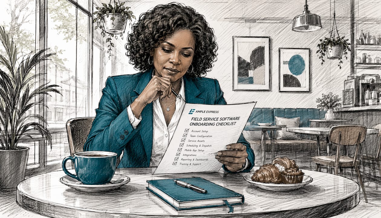 Manager reviewing onboarding checklist at office table