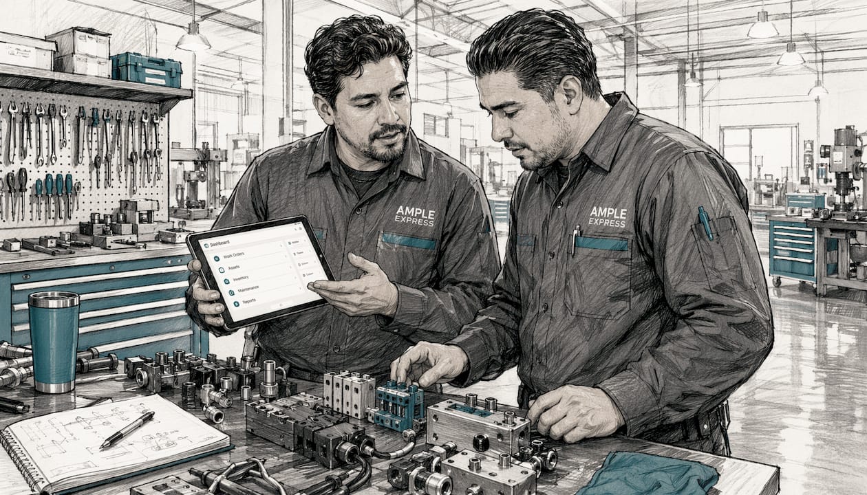 Technicians planning asset management in warehouse