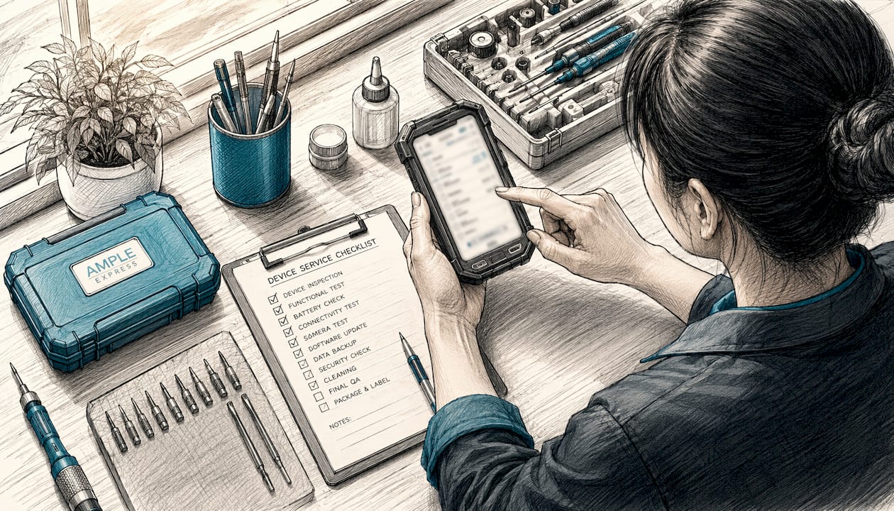 Hands using mobile device in field service training