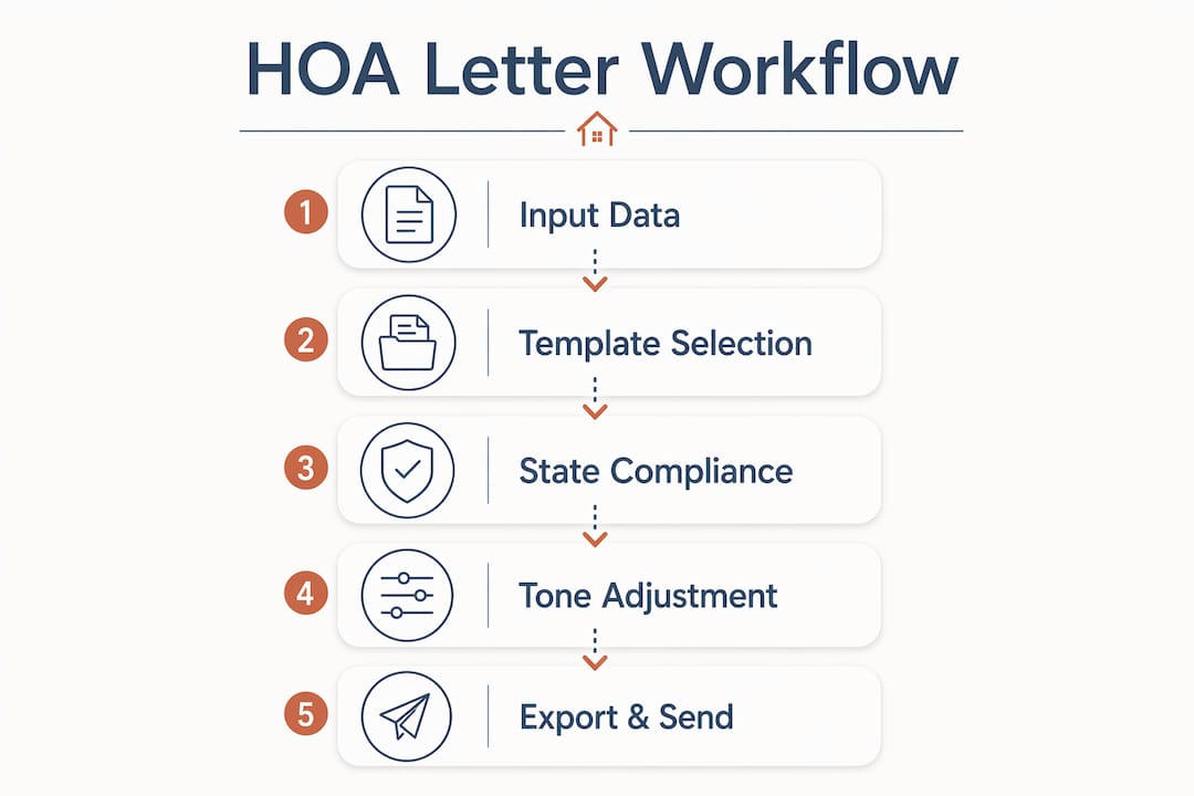 Infographic showing automated HOA letter workflow steps