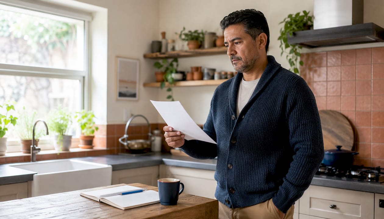 Man reading HOA compliance letter in home office