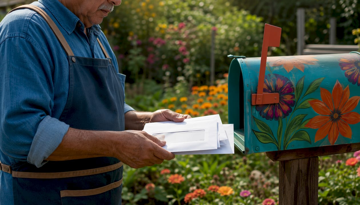 Certified mail envelopes held by person near mailbox