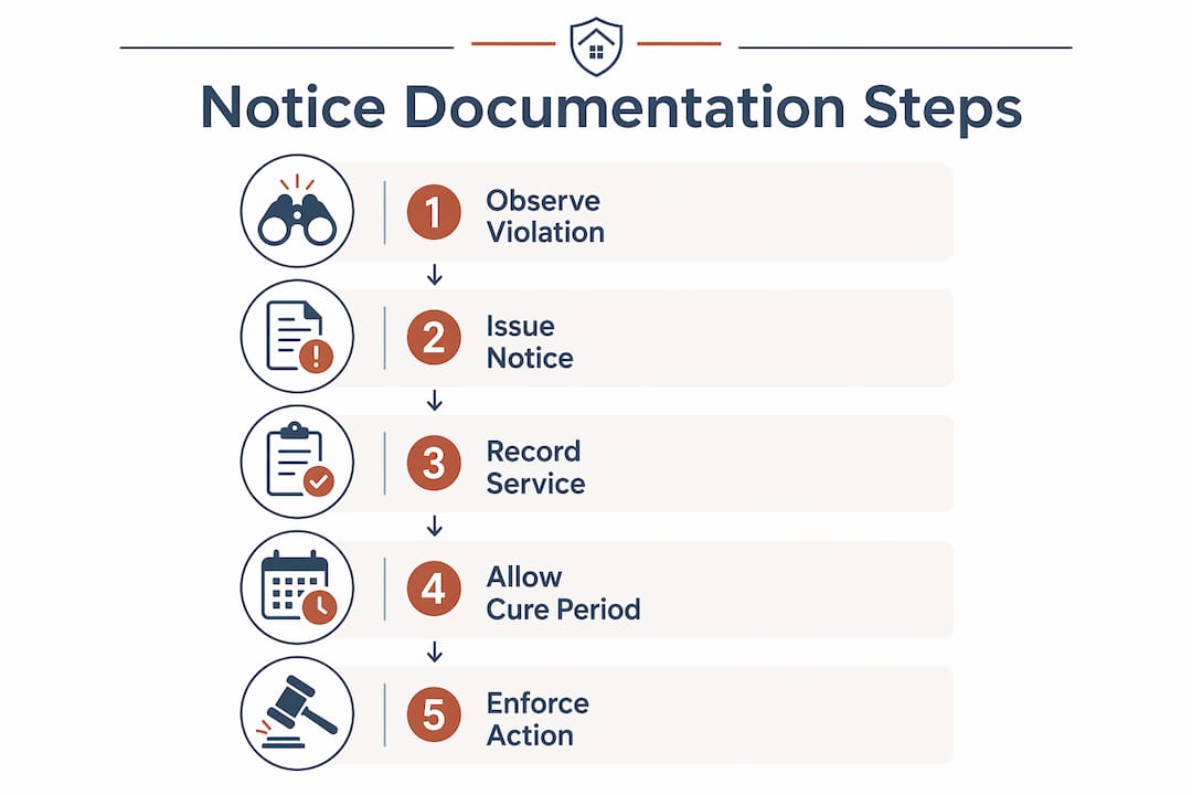 Infographic illustrating steps to document HOA notices