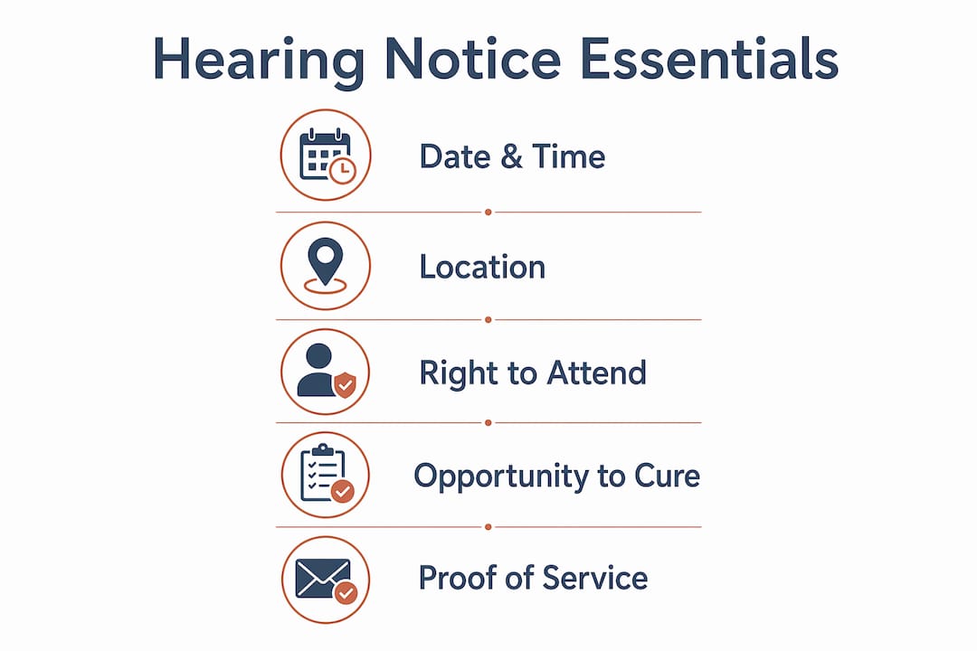 Infographic showing key HOA hearing notice components
