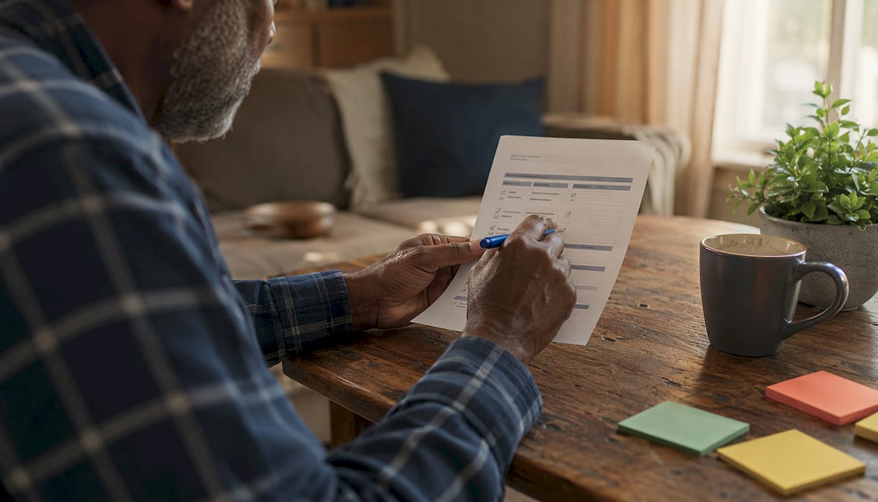 Hands marking HOA policy checklist at home office