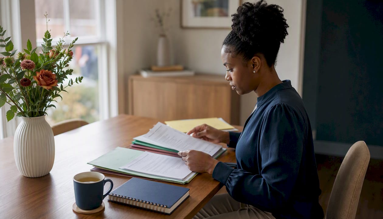 Hands organizing property management letters on desk
