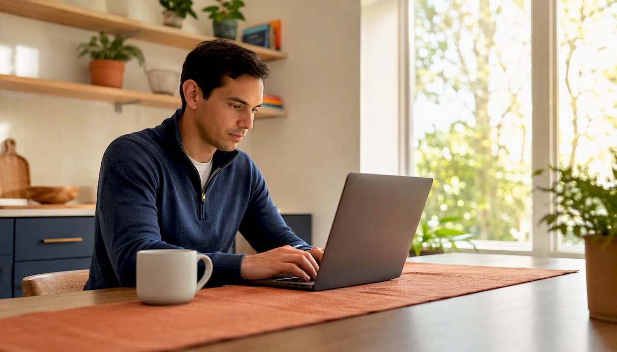 Property manager typing on laptop at home office