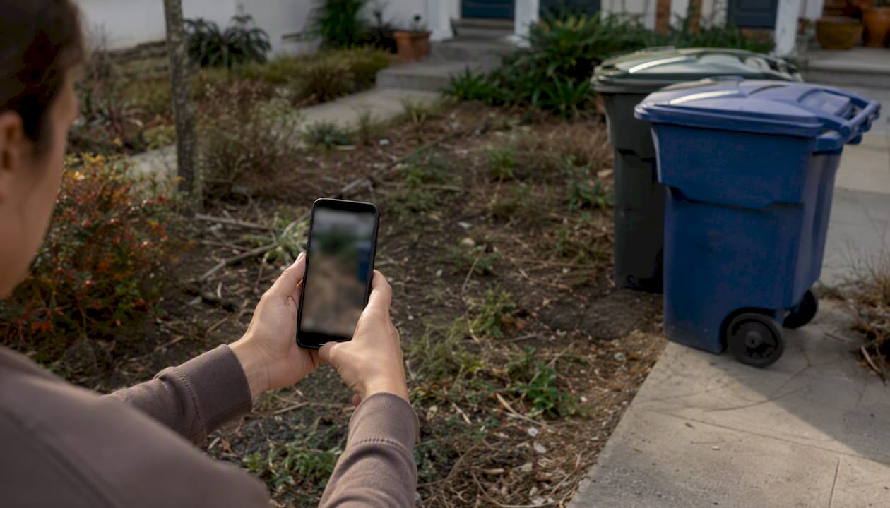 Hand holding phone taking photos of yard violation